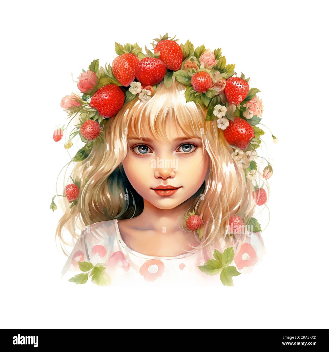 A little cheerful girl with big red juicy strawberry. Painted in