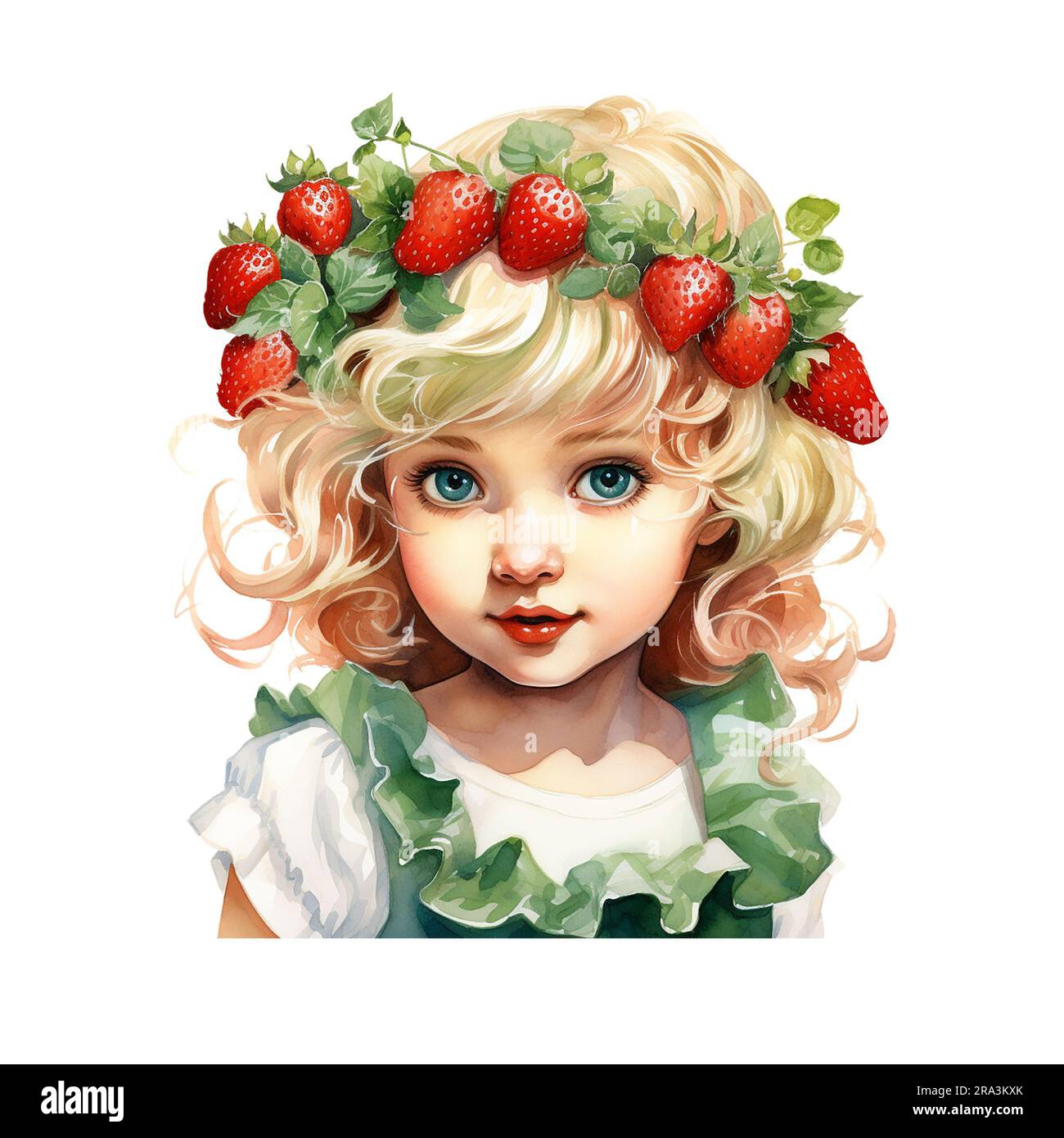 A little cheerful girl with big red juicy strawberry. Painted in
