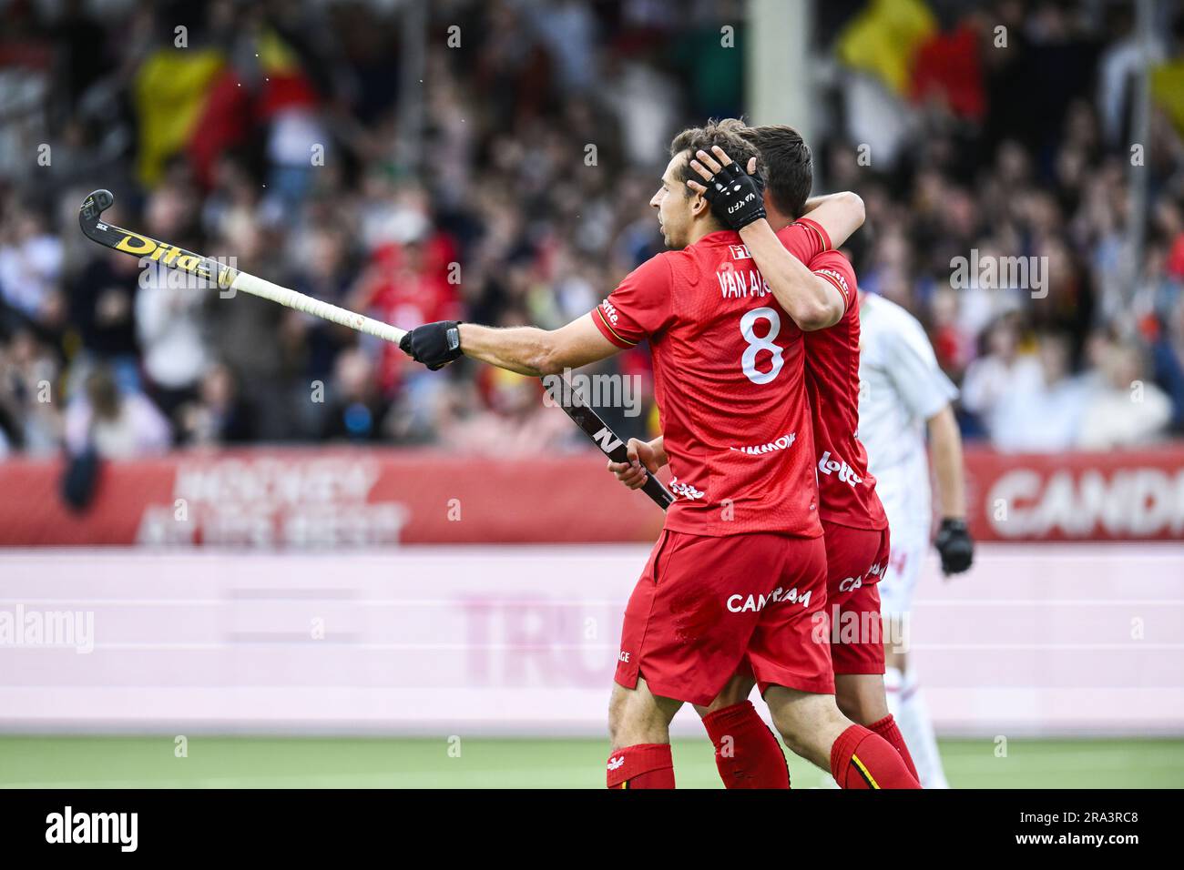 Antwerp, Belgium. 30th June, 2023. Belgium's Florent van Aubel celebrates  after scoring during a hockey game between Belgian national team Red Lions  and Spain, match 9/12 in the group stage of the