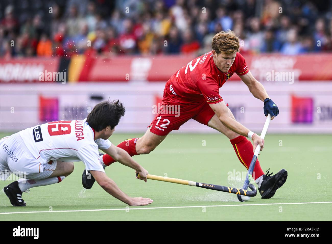 Antwerp, Belgium. 30th June, 2023. Spain's Gerard Clapes and Belgium's Gauthier Boccard pictured in action during a hockey game between Belgian national team Red Lions and Spain, match 9/12 in the group stage of the 2023 Men's FIH Pro League, Friday 30 June 2023 in Antwerp. BELGA PHOTO TOM GOYVAERTS Credit: Belga News Agency/Alamy Live News Stock Photo
