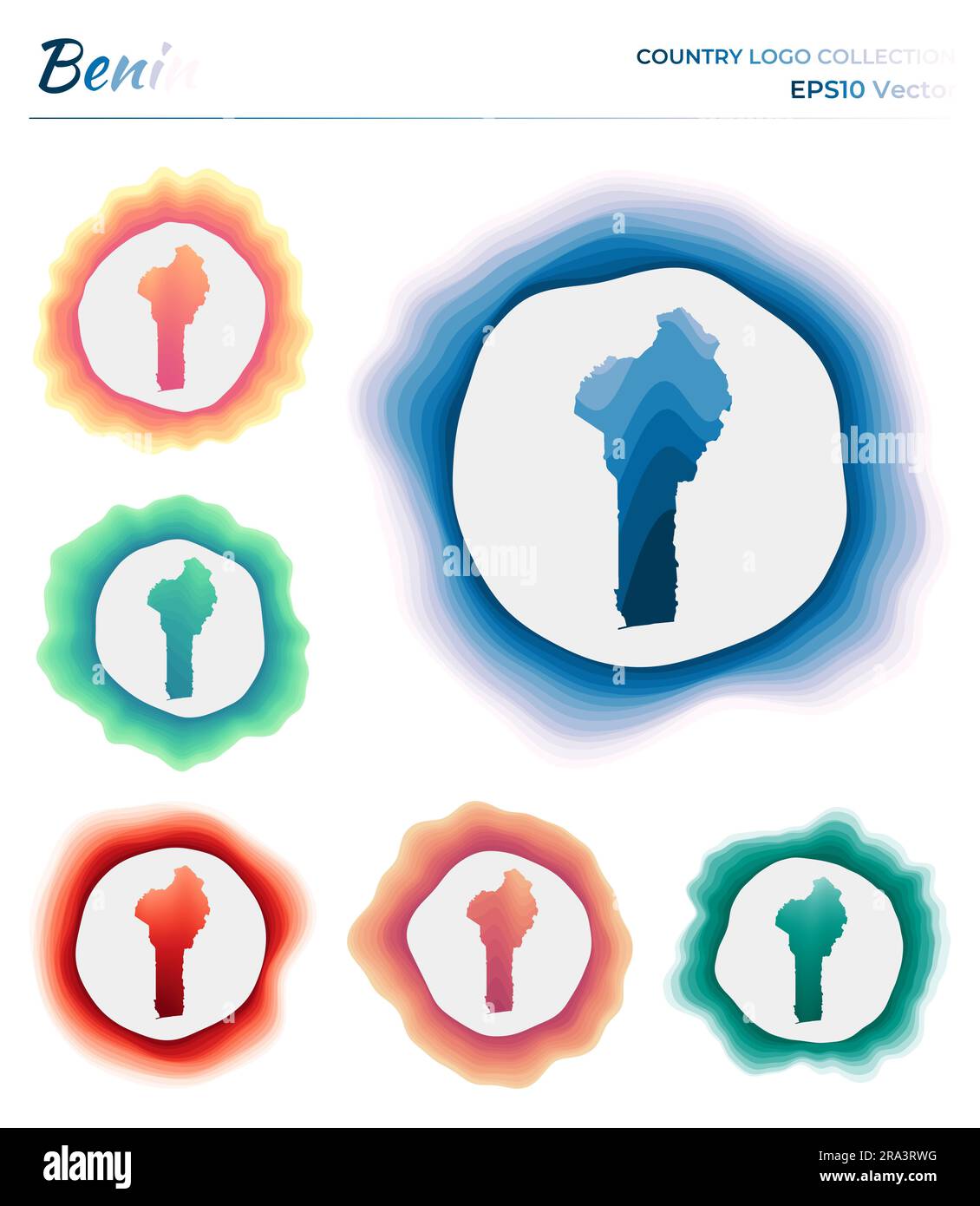 Benin logo collection. Colorful badge of the country. Layers around Benin border shape. Vector illustration. Stock Vector