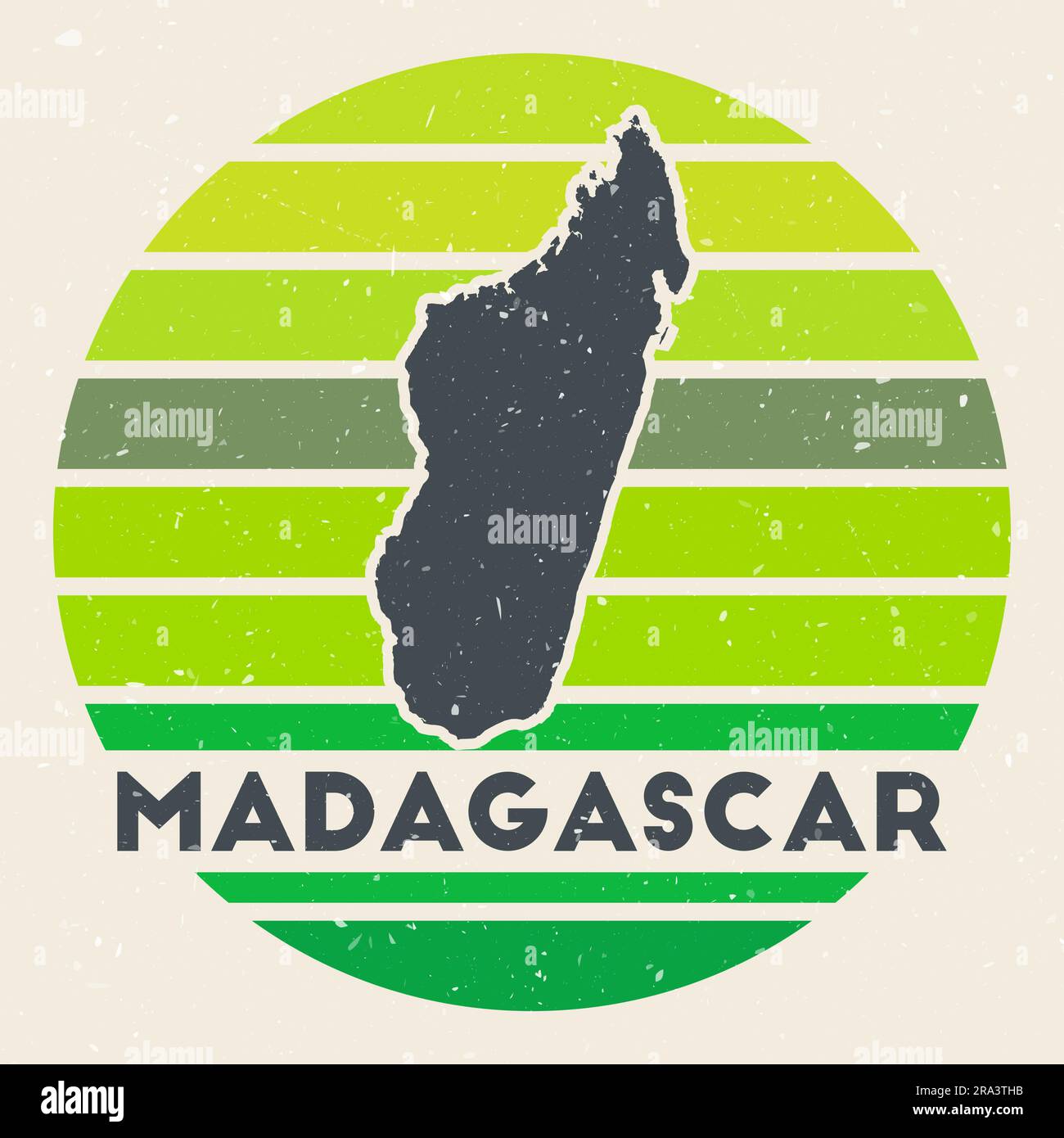 Madagascar logo. Sign with the map of country and colored stripes, vector illustration. Can be used as insignia, logotype, label, sticker or badge of Stock Vector