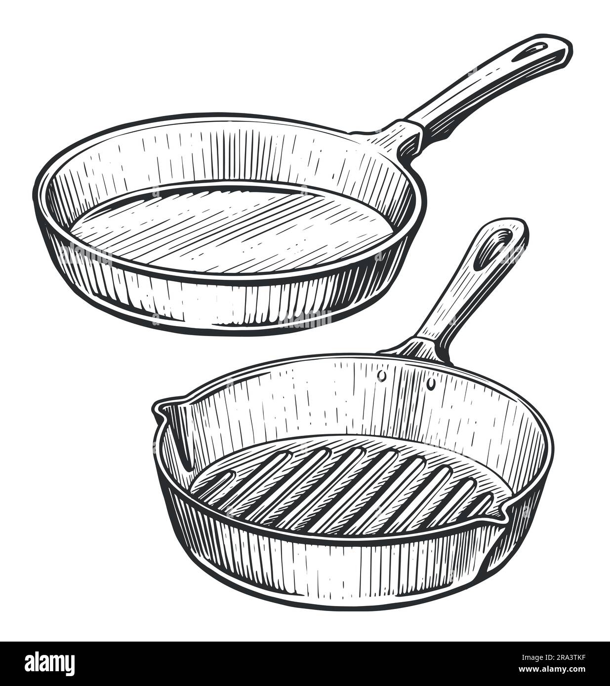 Frying Pan with handle. Hand drawn sketch vector illustration in vintage engraving style Stock Vector