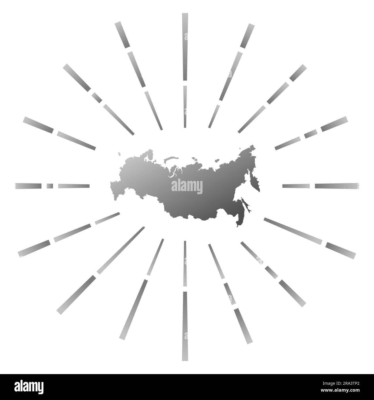 Russia gradiented sunburst. Map of the country with colorful star rays. Russia illustration in digital, technology, internet, network style. Stock Vector