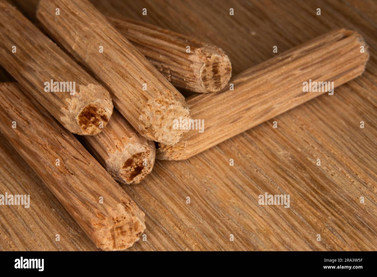 pile of oak dowel pins on oak  background, dowel pins used to join two pieces of wood, joint, joinery Stock Photo