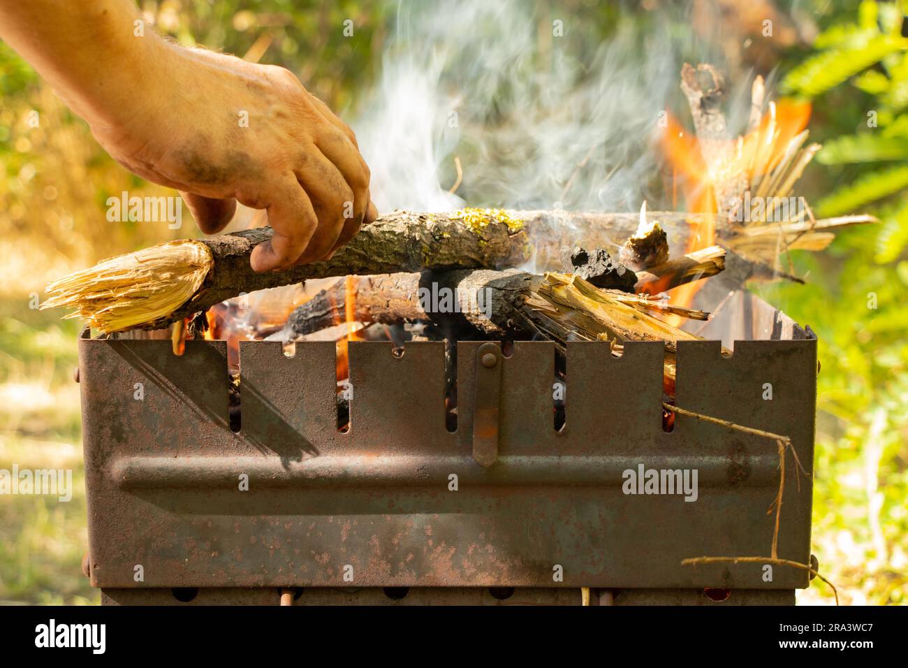 portable grill with firewood in the summer at a picnic in the forest in