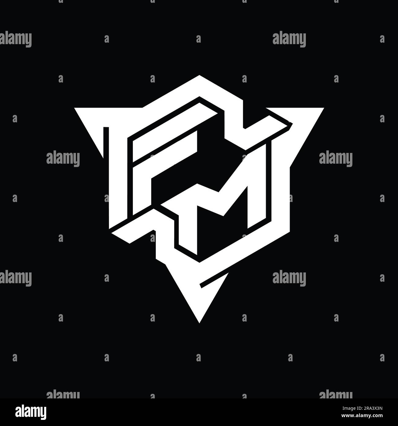 FM Letter Logo monogram hexagon shape with triangle outline gaming ...
