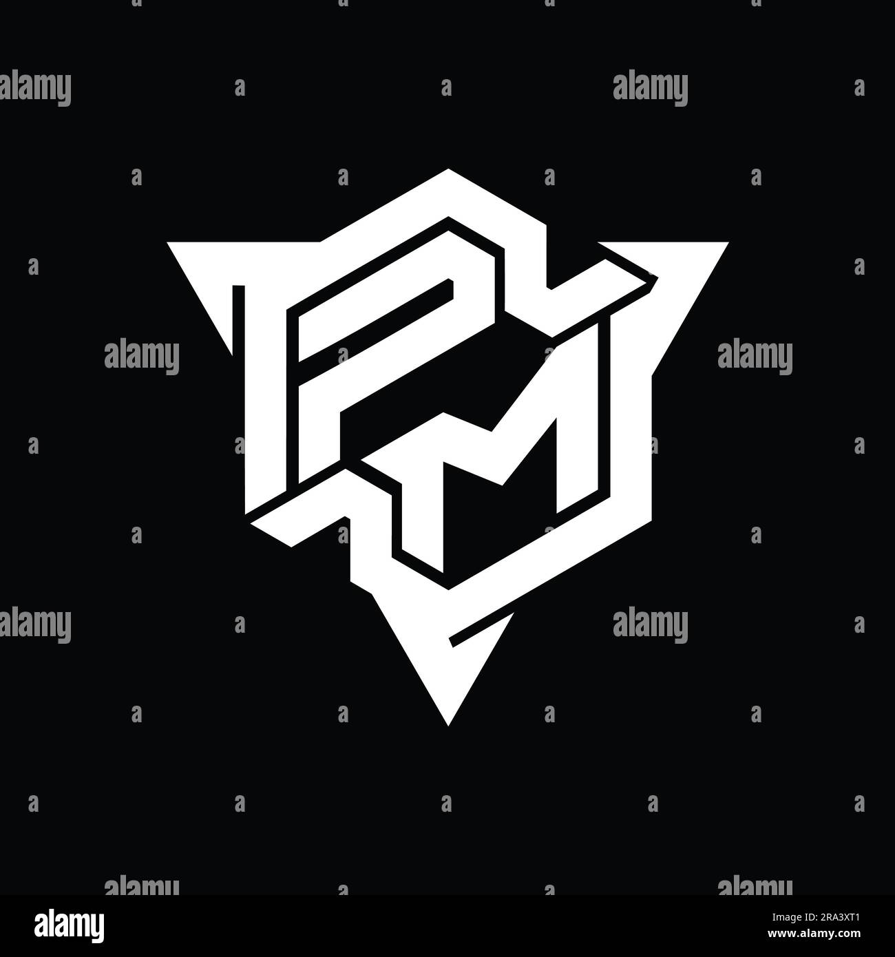 PM Letter Logo monogram hexagon shape with triangle outline gaming ...