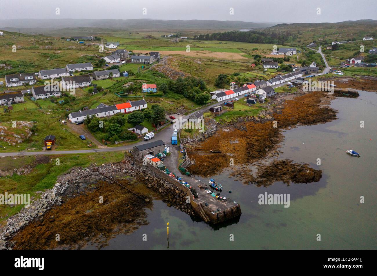 Aerial view of Arinagour, Isle of Coll, Inner Hebrides, Scotland, UK