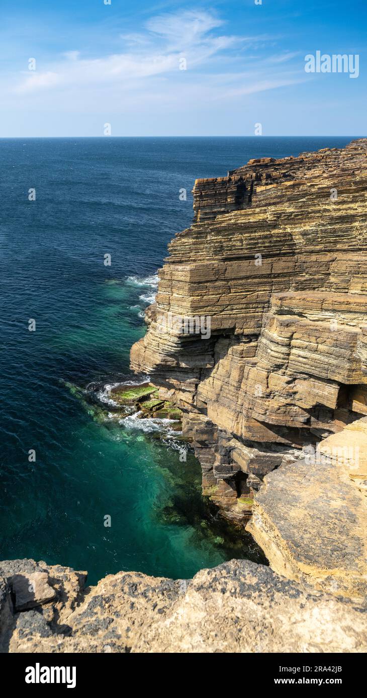 Cliffs at Yesnaby on the Orkney Isles looking over the North Sea, Scotland, UK. Stock Photo