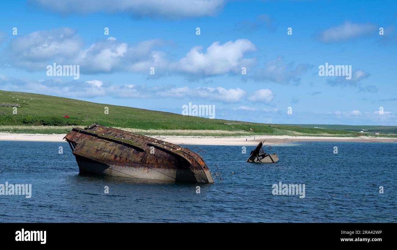 Blockships in the Scapa Flow, remnents of the naval base protection from the two world wars, Orkney, UK. Stock Photo