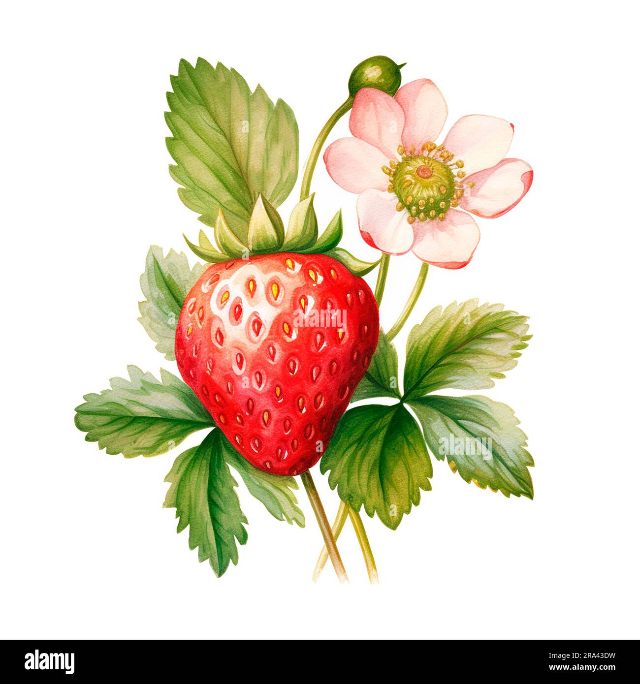 watercolor strawberry branch isolated on white background Stock Photo -  Alamy, image size:1300x1390