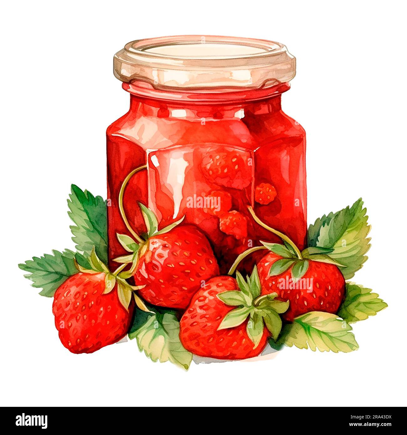 Strawberry jam in glass jar with strawberries. Watercolor illustration isolated on white background Stock Photo