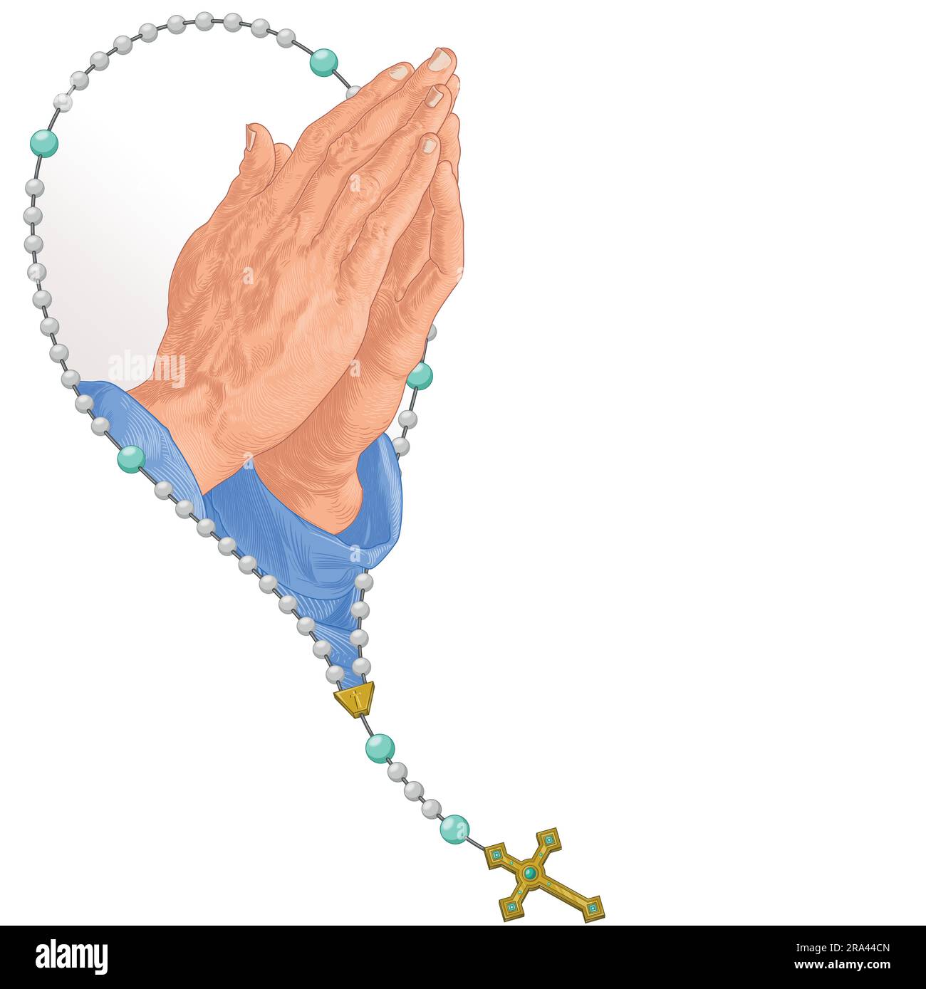 Vector design of praying hands with christian rosary, symbol of
