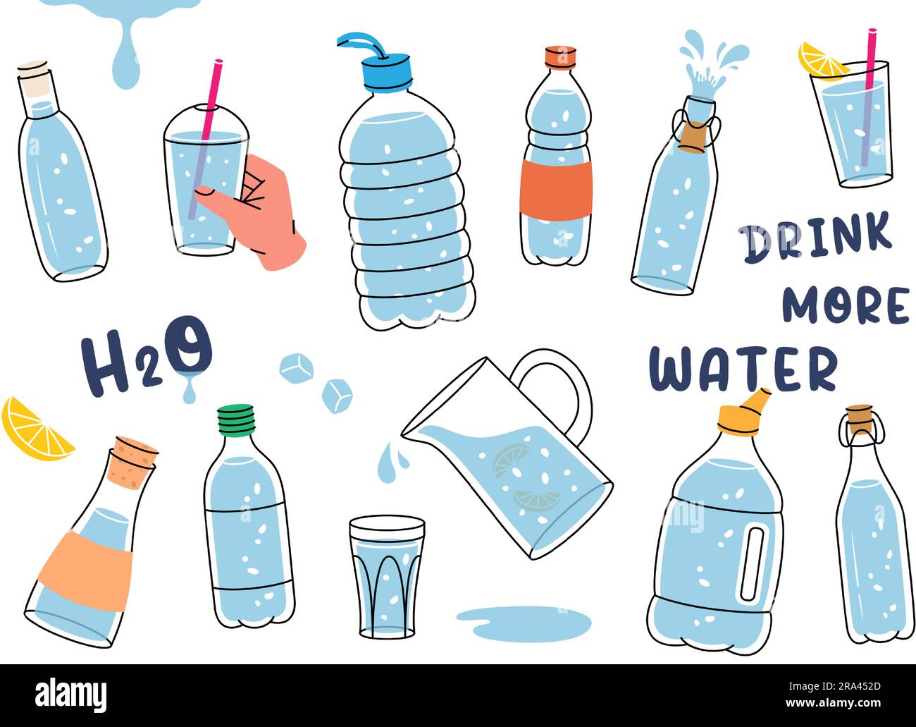 Set of bottles. Drink more water. Plastic water bottles. Glasses