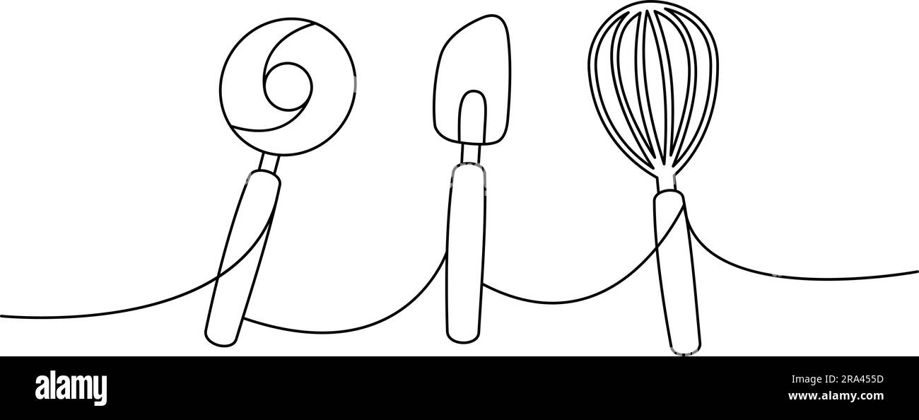 Kitchen utensils one line continuous drawing. Wheel pizza cutter