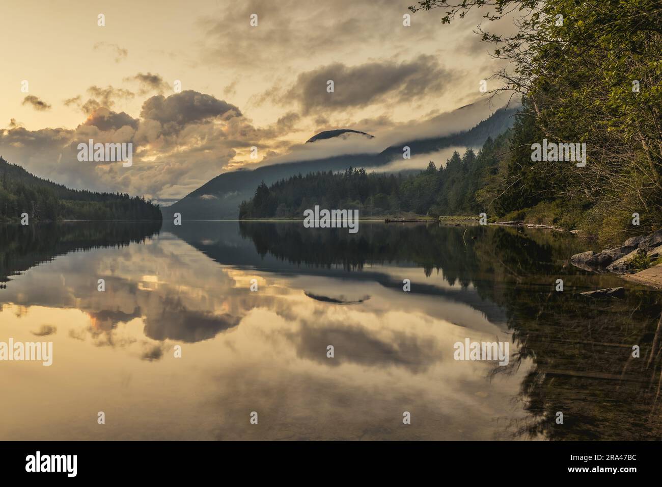 Beautiful reflection on Inland Lake near Powell River, British Columbia, Canada Stock Photo