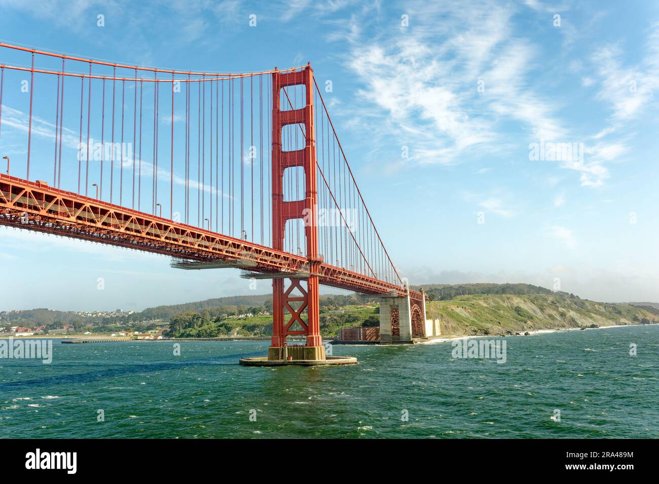SAN FRANCISCO, CALIFORNIA - April 24, 2023: The Golden Gate Bridge is described in Frommers travel guide as possibly the most beautiful, certainly the Stock Photo