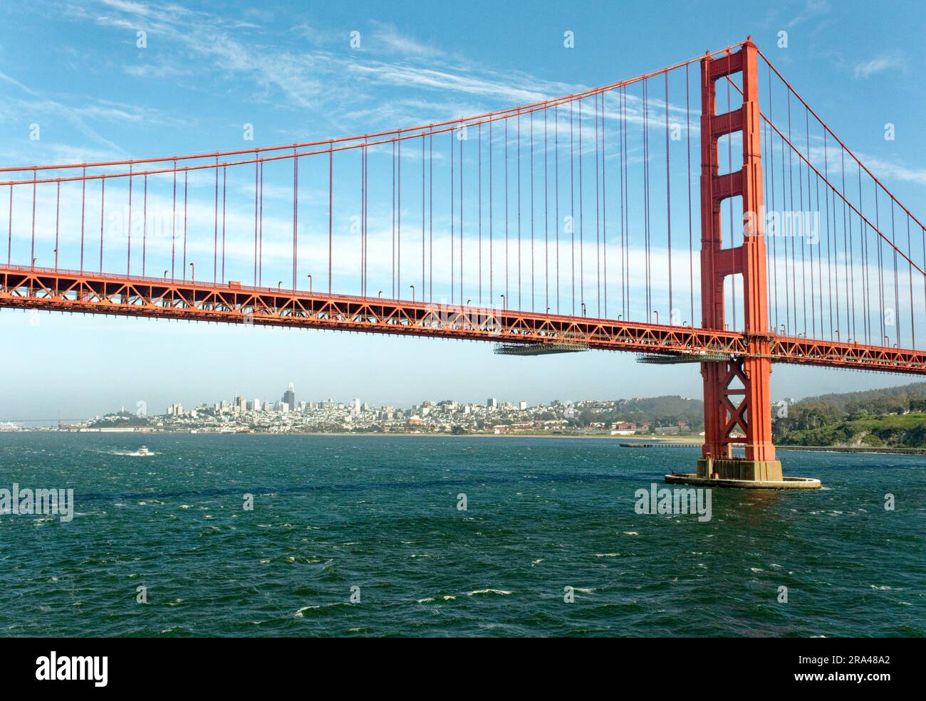 SAN FRANCISCO, CALIFORNIA - April 24, 2023: The Golden Gate Bridge is described in Frommers travel guide as possibly the most beautiful, certainly the Stock Photo