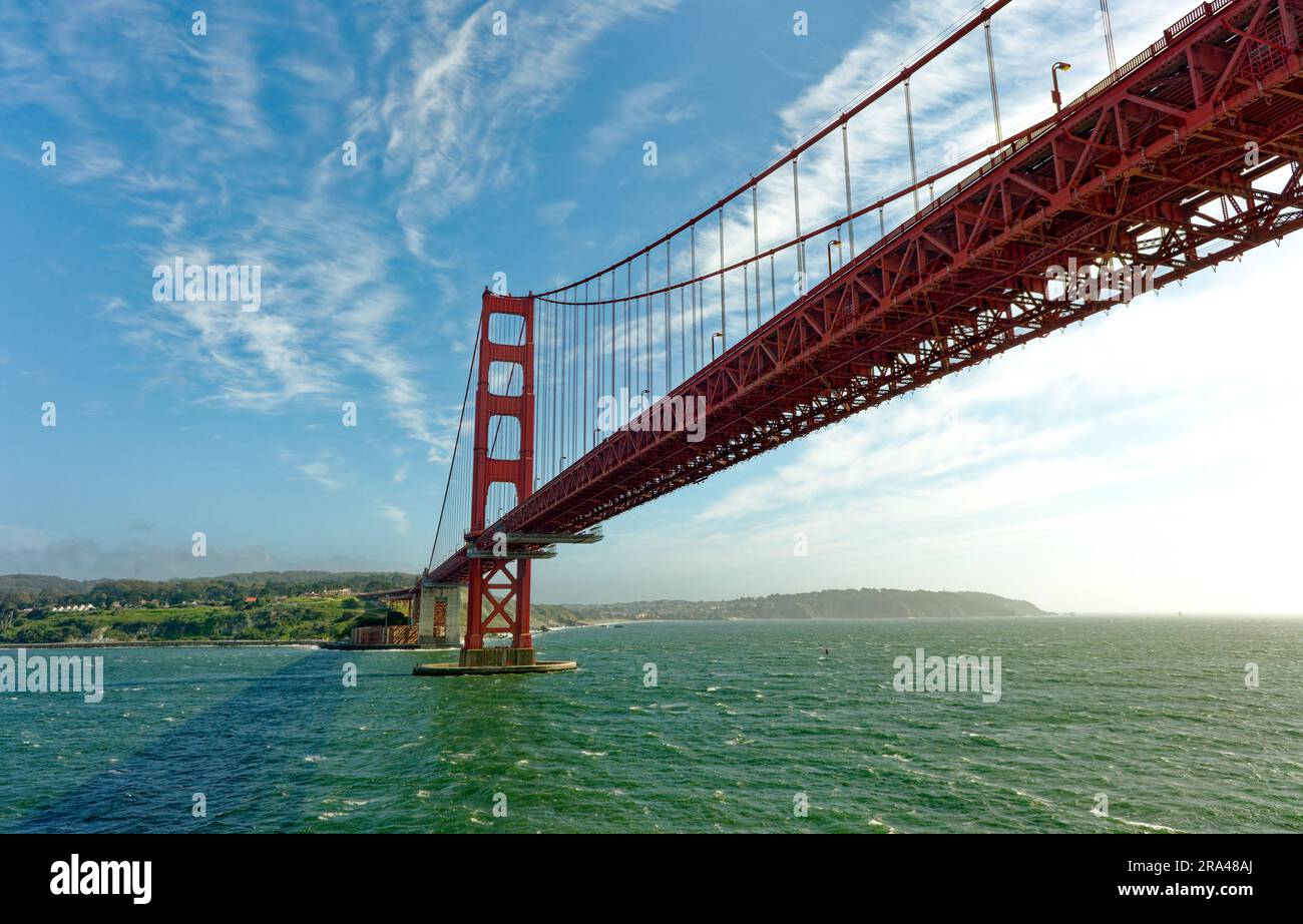 SAN FRANCISCO, CALIFORNIA - April 24, 2023: The Golden Gate Bridge is described in Frommers travel guide as possibly the most beautiful, certainly the Stock Photo