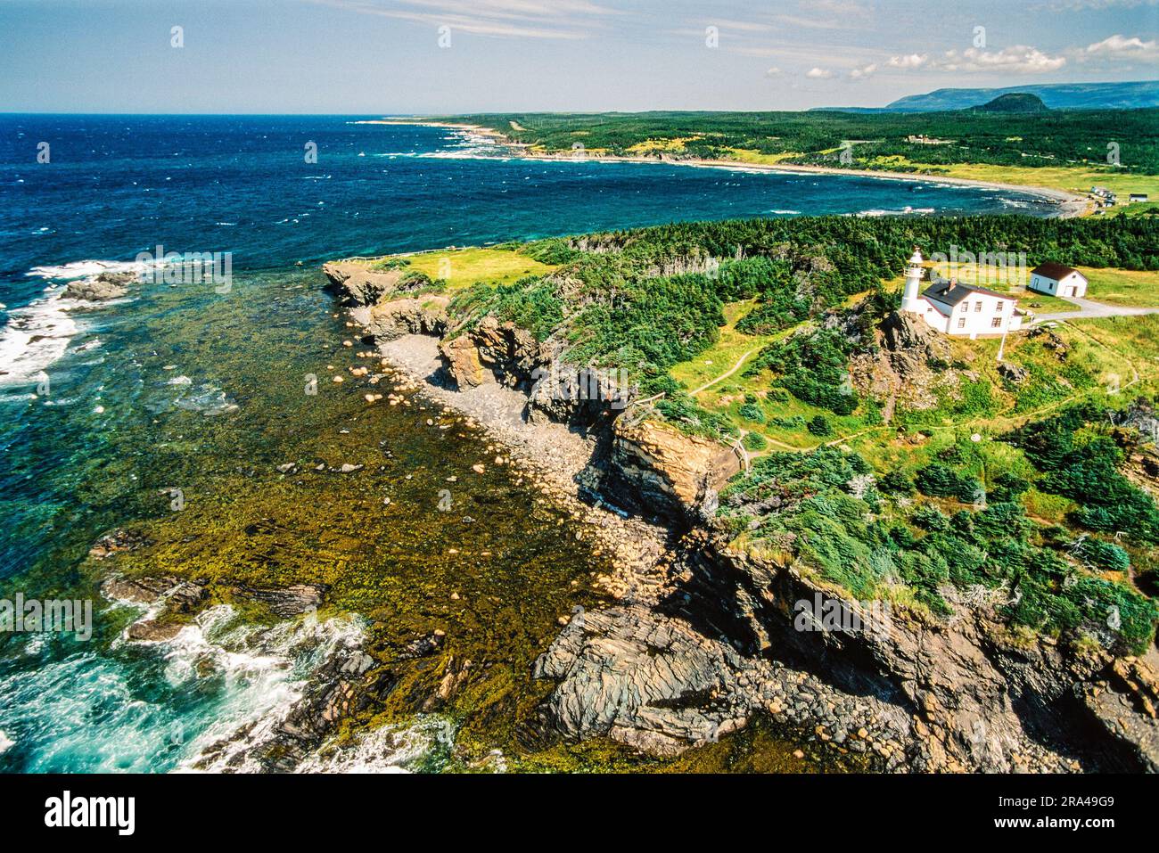 Aerial image of Lobster Cove Head Lighthouse, Newfoundland, Canada