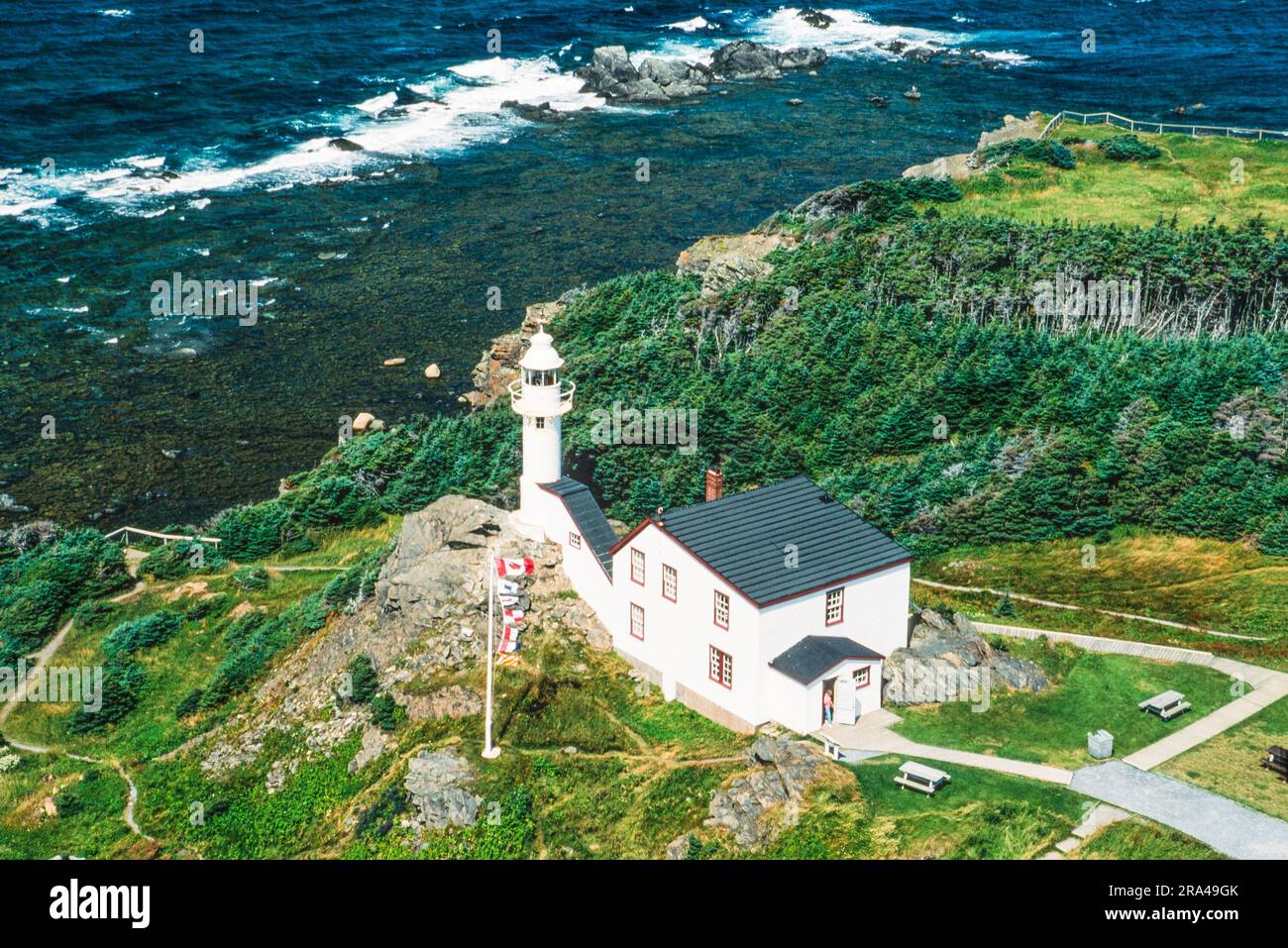 Aerial image of Lobster Cove Head Lighthouse, Newfoundland, Canada