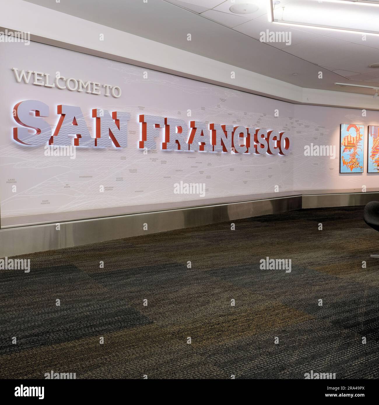 Welcome to San Francisco near the baggage claim area at San Francisco International Airport international terminal; San Francisco, California; SFO. Stock Photo