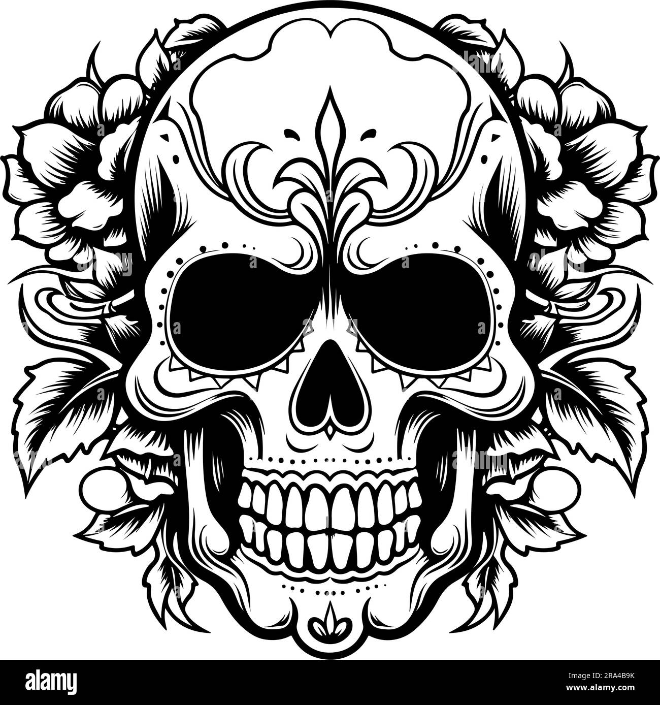 skull with flowers vector art inspired in lo dia de los muertos Stock Vector