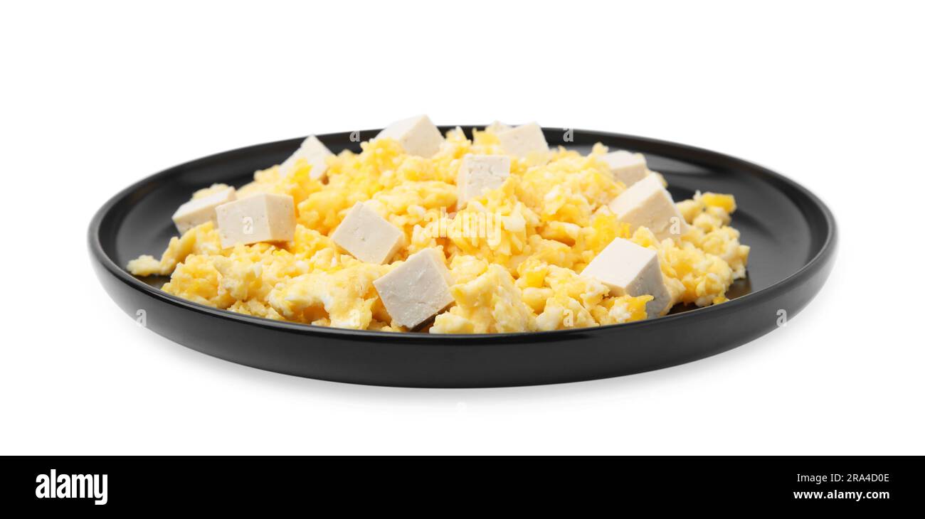 Plate of delicious scrambled eggs with tofu isolated on white Stock ...