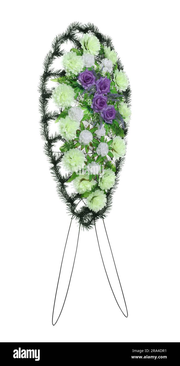 Funeral wreath of plastic flowers against white background Stock Photo