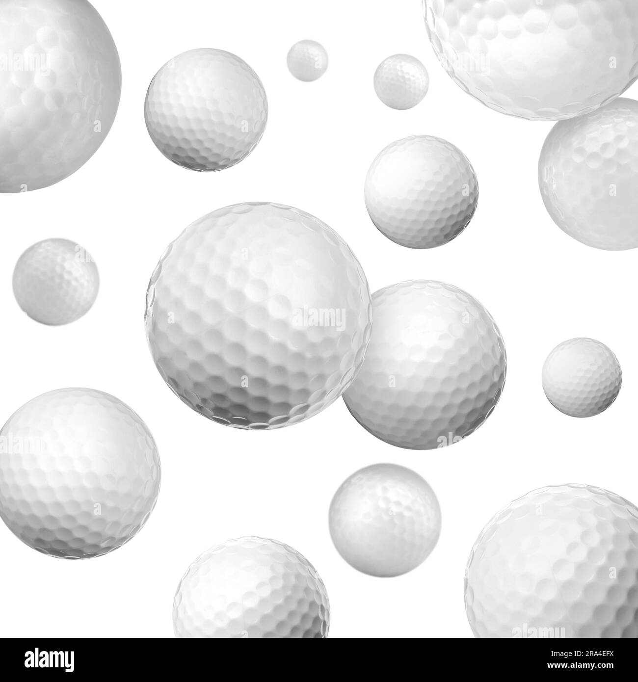 Many golf balls falling on white background Stock Photo Alamy