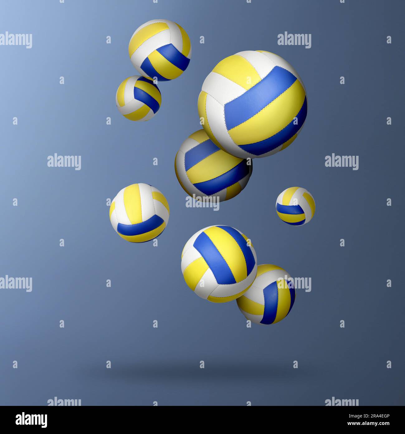 Many volleyball balls falling on steel blue gradient background Stock
