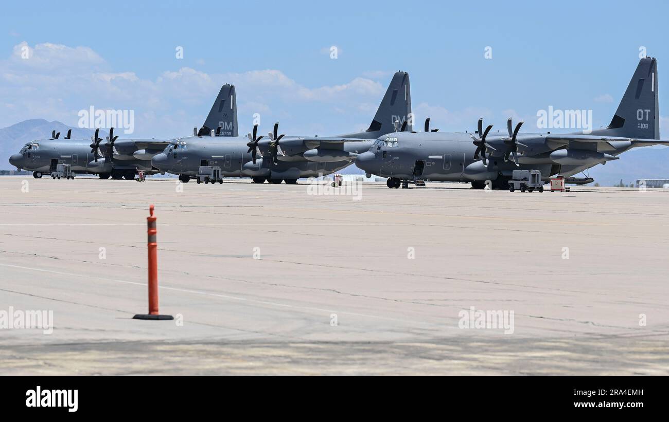 Multiple HC-130J Combat King II aircraft are displayed on the flightline at Davis-Monthan Air Force Base, Ariz., June 29, 2023. The HC-130J Combat King II aircraft at DMAFB was assigned to the 79th Rescue Squadron and was primarily used for delivering cargo, conducting rescue operations and providing an infiltration method for pararescuemen to parachute into locations. (U.S. Air Force photo by Senior Airman William Turnbull) Stock Photo