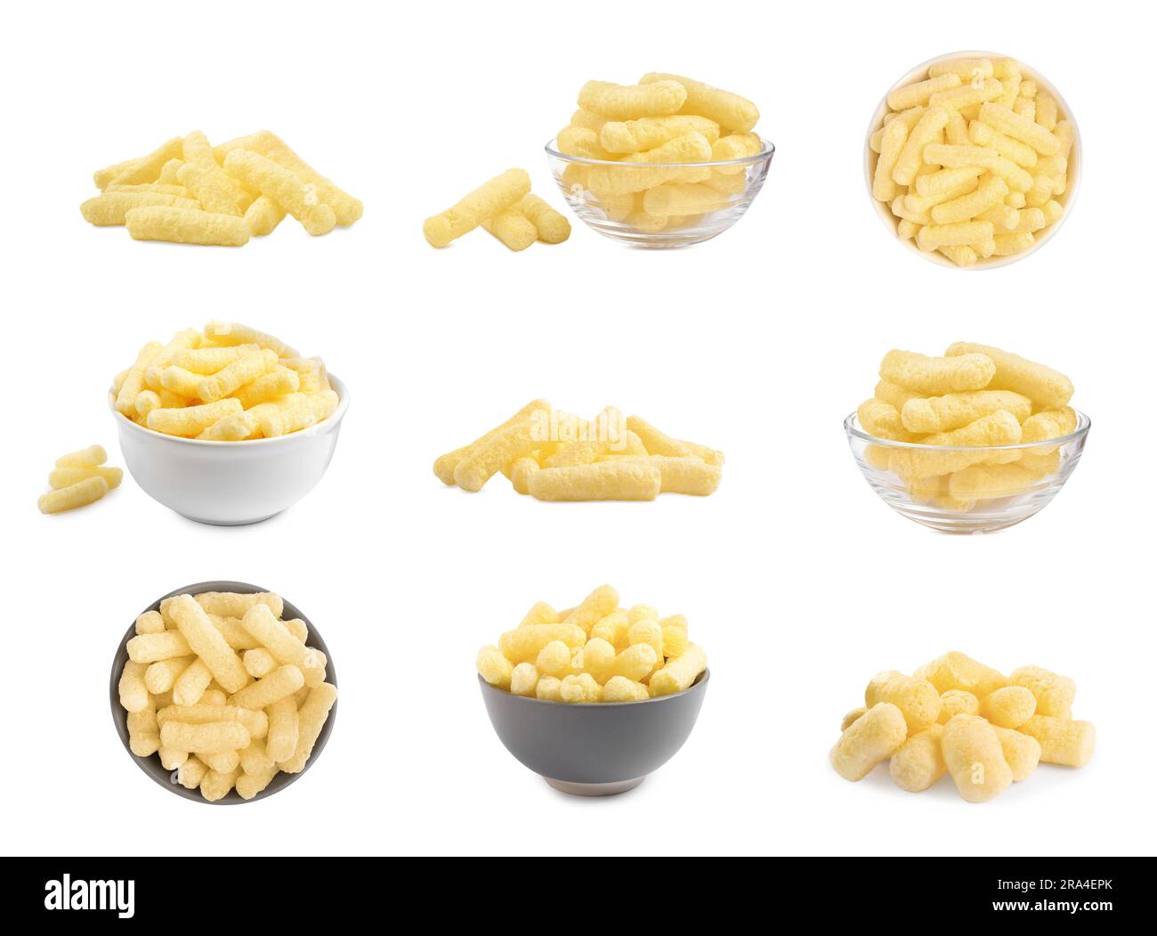 Collage with tasty corn sticks on white background Stock Photo