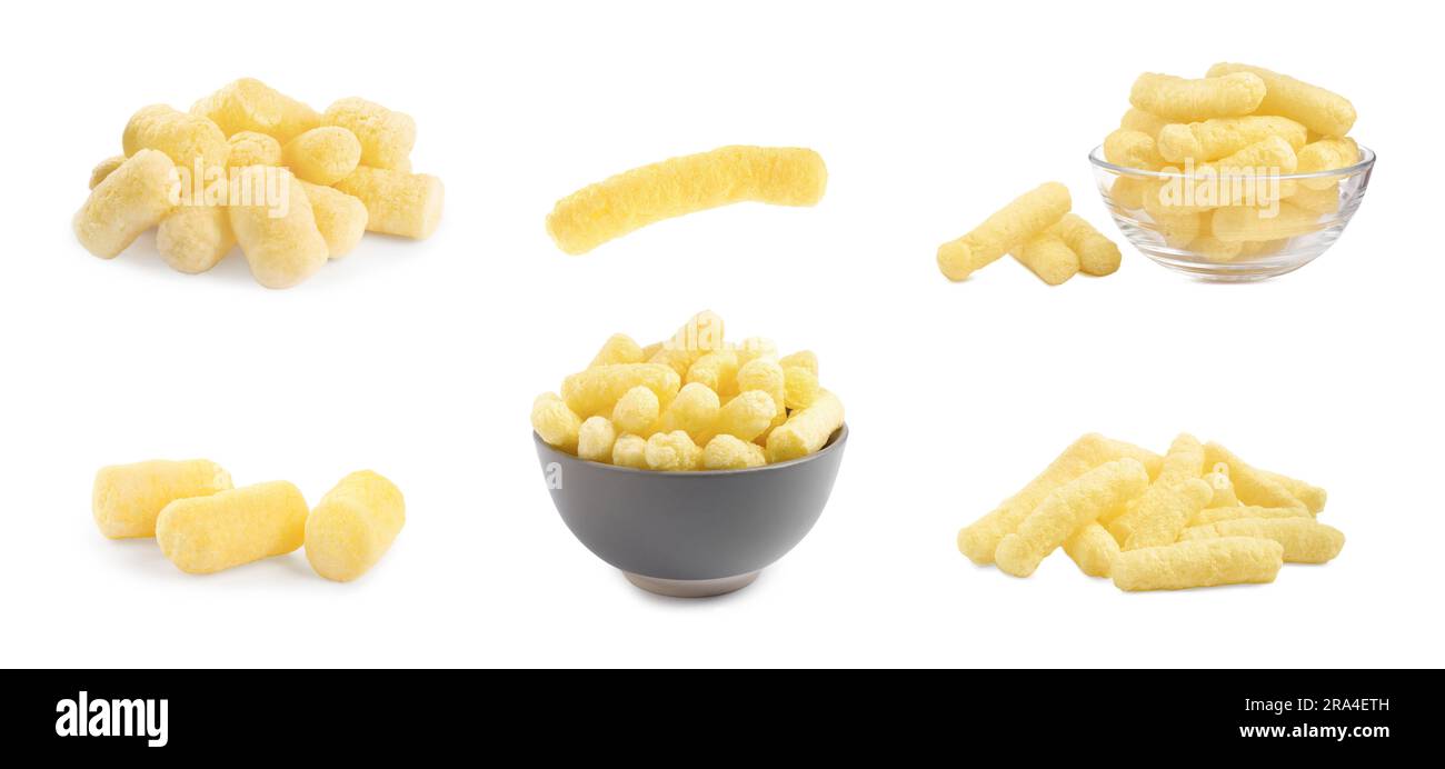 Collage with tasty corn sticks on white background Stock Photo