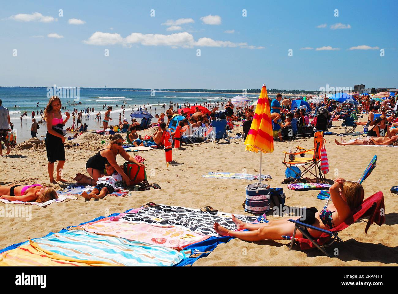 Old Orchard Beach on the Maine Coast, is crowded on a sunny summer vacation day Stock Photo