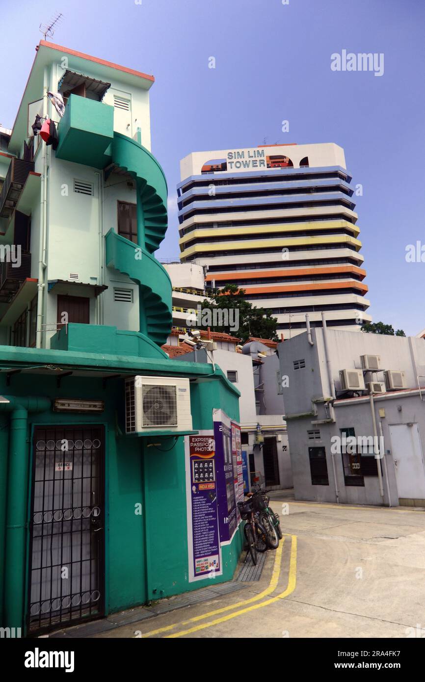Back alley and the Sim Lim Tower, Rocher, Little India, Singapore. No PR Stock Photo
