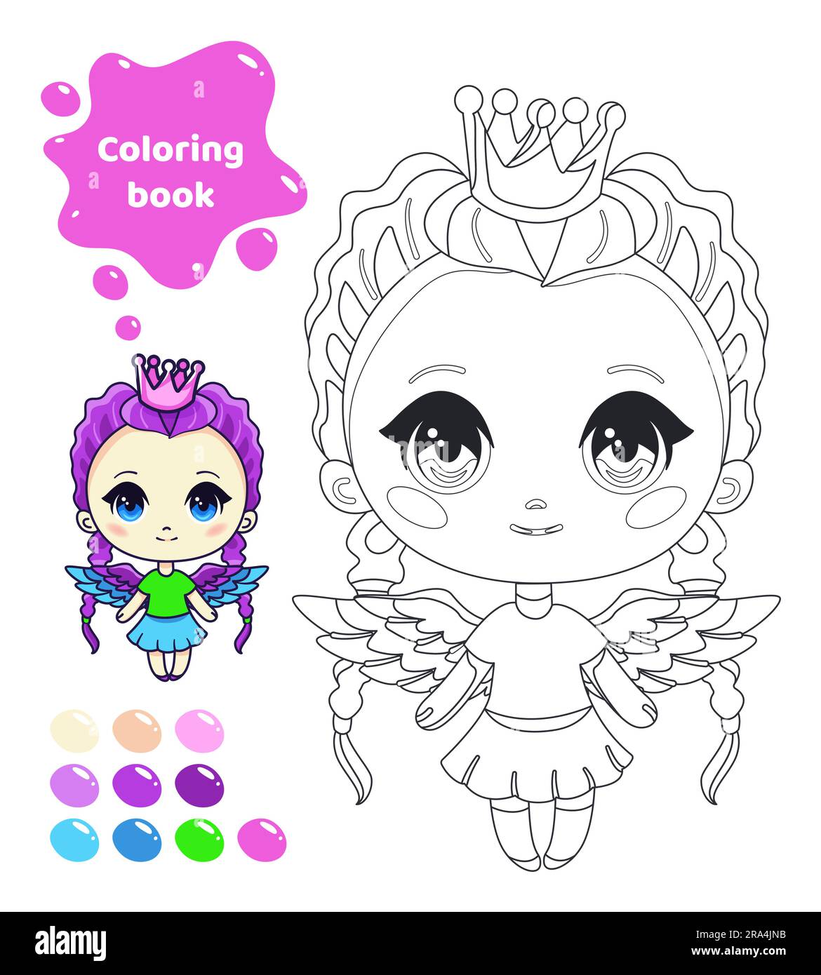 Coloring book for kids. Anime girl with wings. Stock Vector