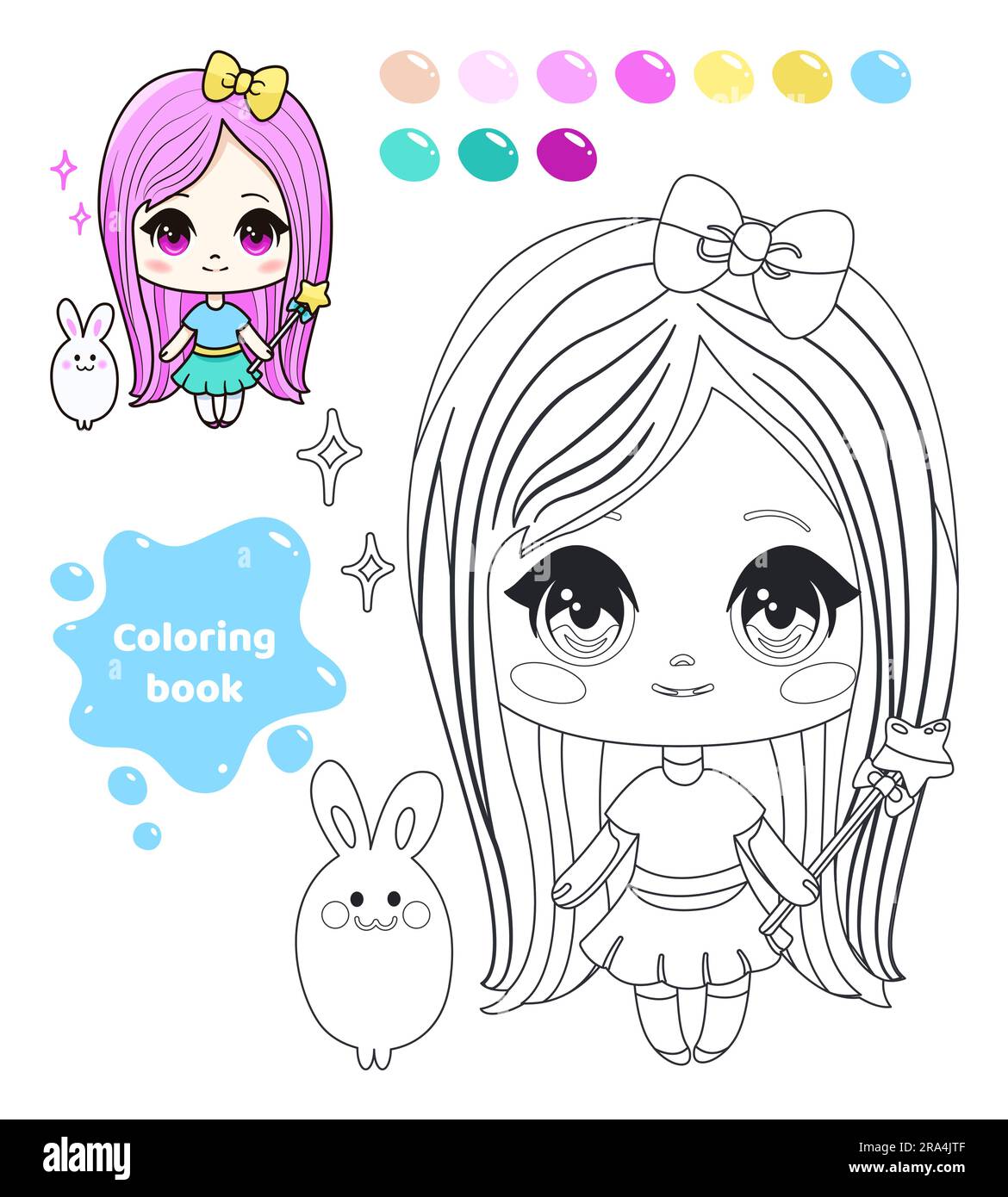 Coloring book for kids. Anime girl with bunny. Stock Vector