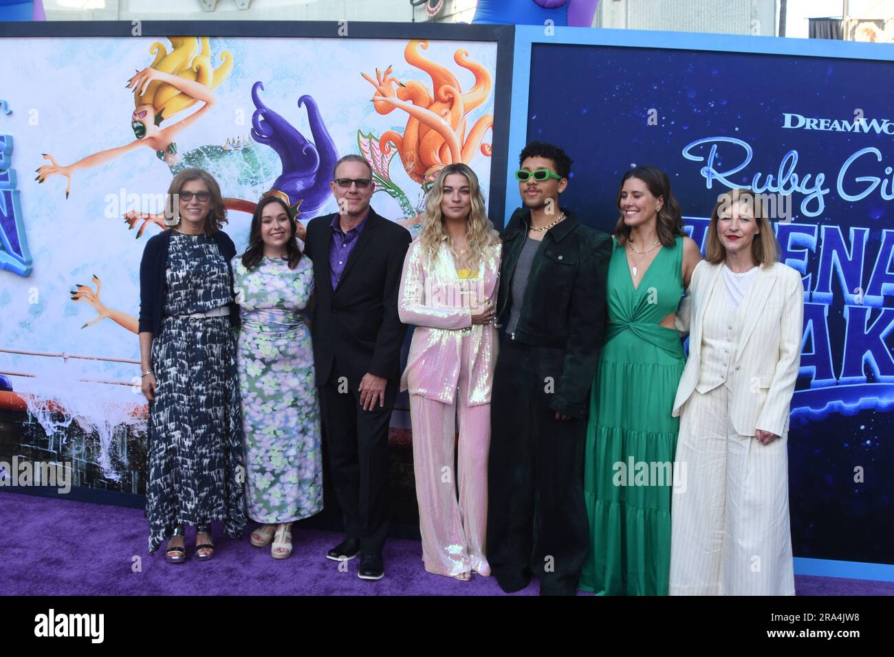 Los Angeles, California. 28th June 2023 os Angeles, California. 28th June 2023 (L-R) President of Dreamworks Margie Cohn. Co-Director Faryn Pearl, Director Kirk DeMicco, Actress Annie Murphy, Actor Jaboukie Young-White, Producer Kelly Cooney Ciella, and Kristin Lowe attend Universal Pictures Ruby Gillman: Teenage Kraken Premiere at TCL Chinese Theatre on June 28, 2023 in Los Angeles, California, USA. Photo by Barry King/Alamy Stock Photo Stock Photo