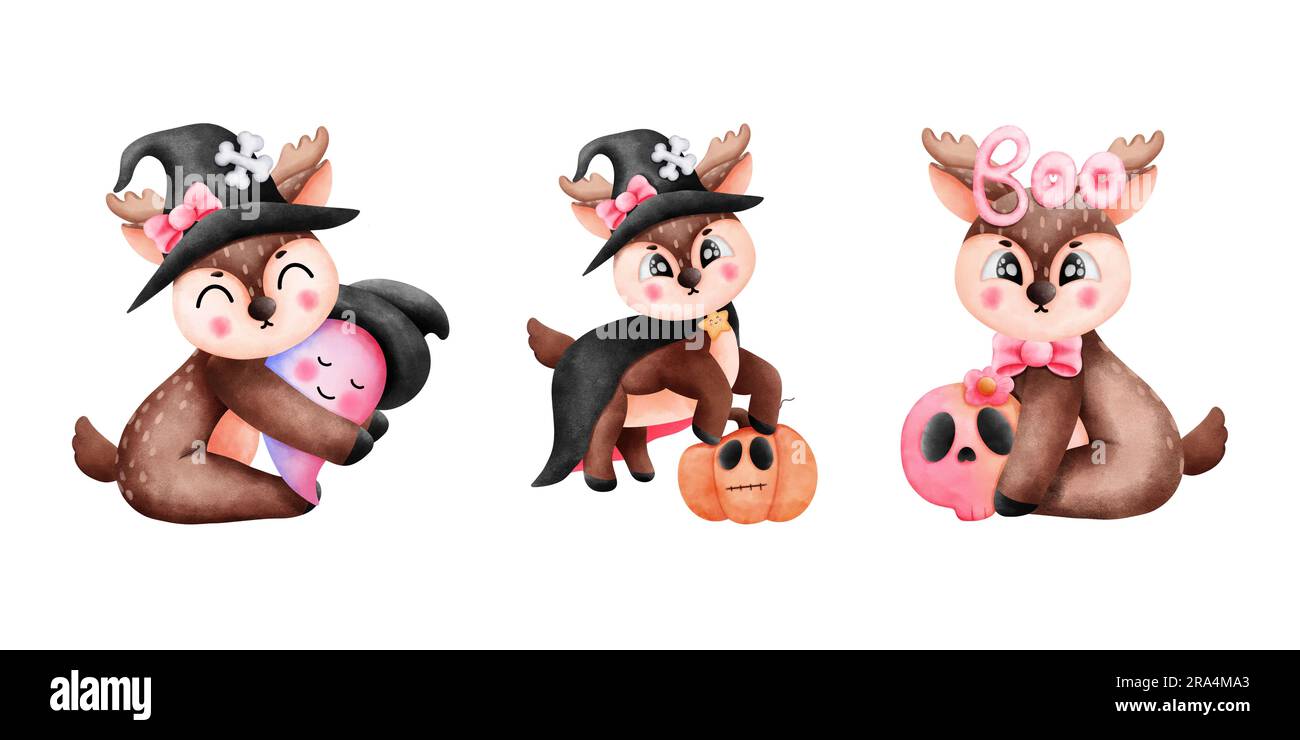 Playful halloween reindeer collection. Witch Hat, pumpkin, pink ghost