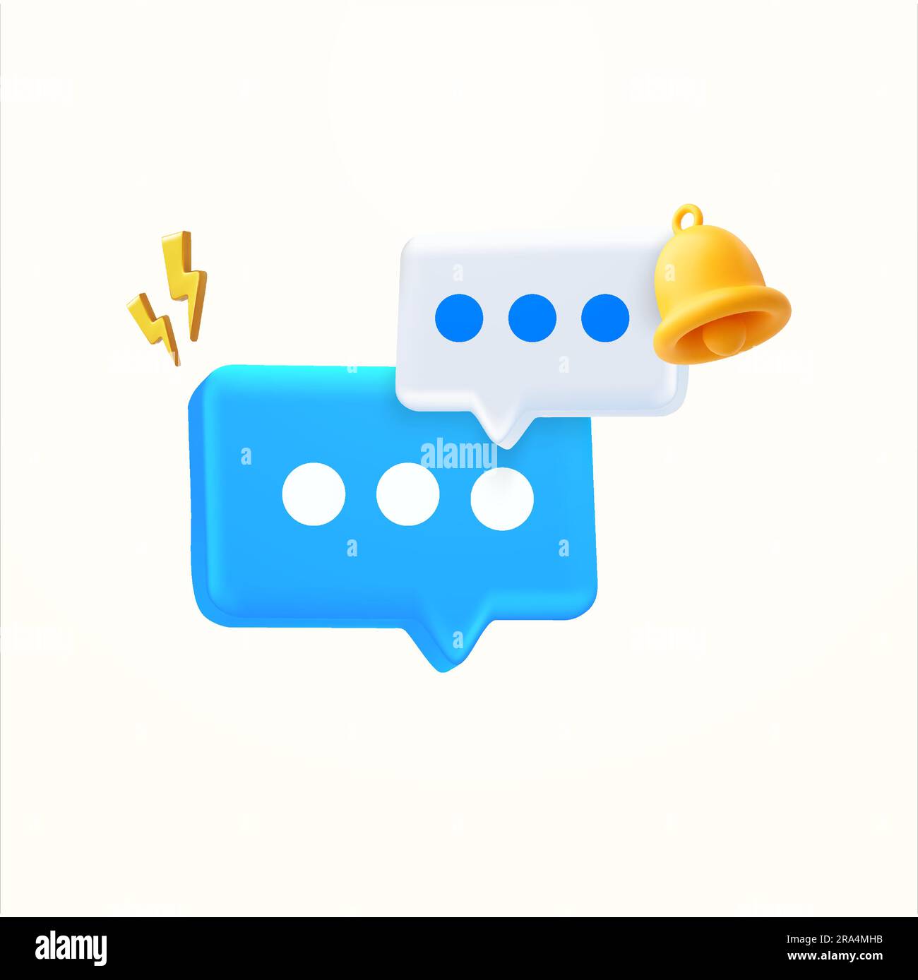 3d message or chat boxes with notification bell, lightning or flash icon, isolated on white background. Concept for communication, social, bubble, conversation, email, contact. 3d vector illustration. Vector illustration Stock Vector