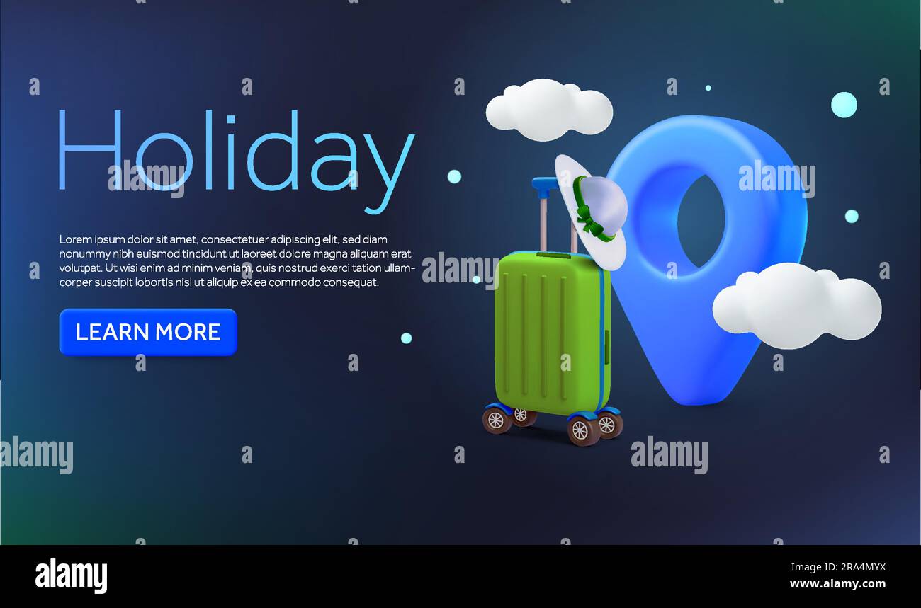 3d suitcase or luggage with beach hat, map marker or pin icon, cloud, isolates on background. Banner concept for travel, destination, vacation, resort, booking, beach. 3d vector illustration. Vector illustration Stock Vector