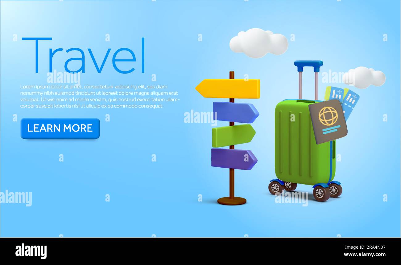 3d suitcase or luggage with passports, street or road sign, cloud