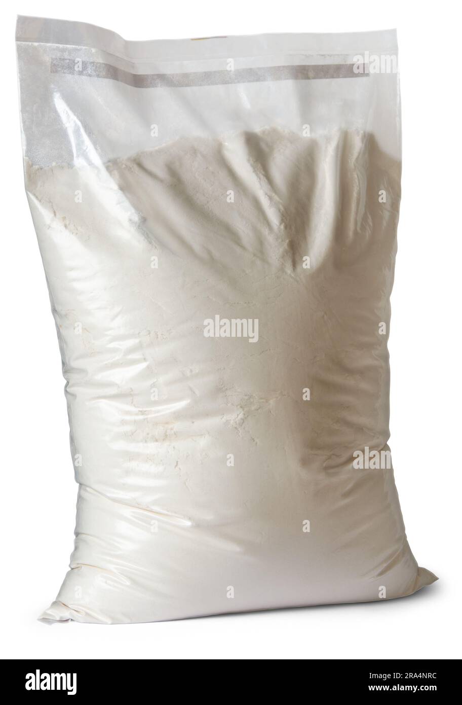 transparent plastic bag of flour, side view isolated on white background, blank package mockup template of ingredient for cooking or baking Stock Photo