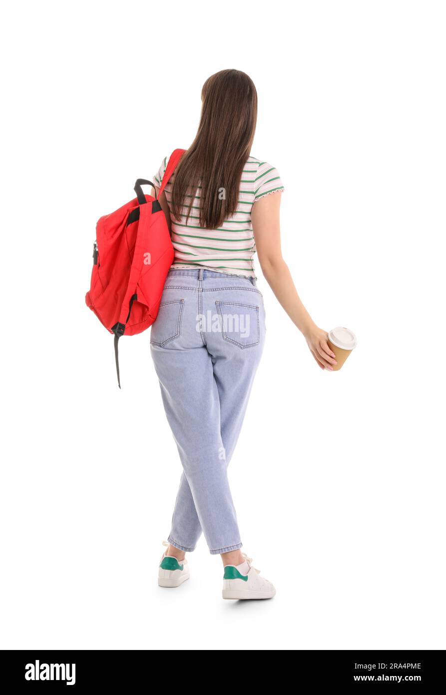 Female student with backpack and cup of coffee on white background, back view Stock Photo