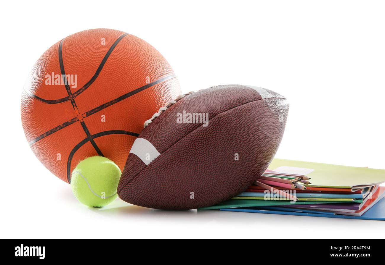 Sport balls with different stationery isolated on white background