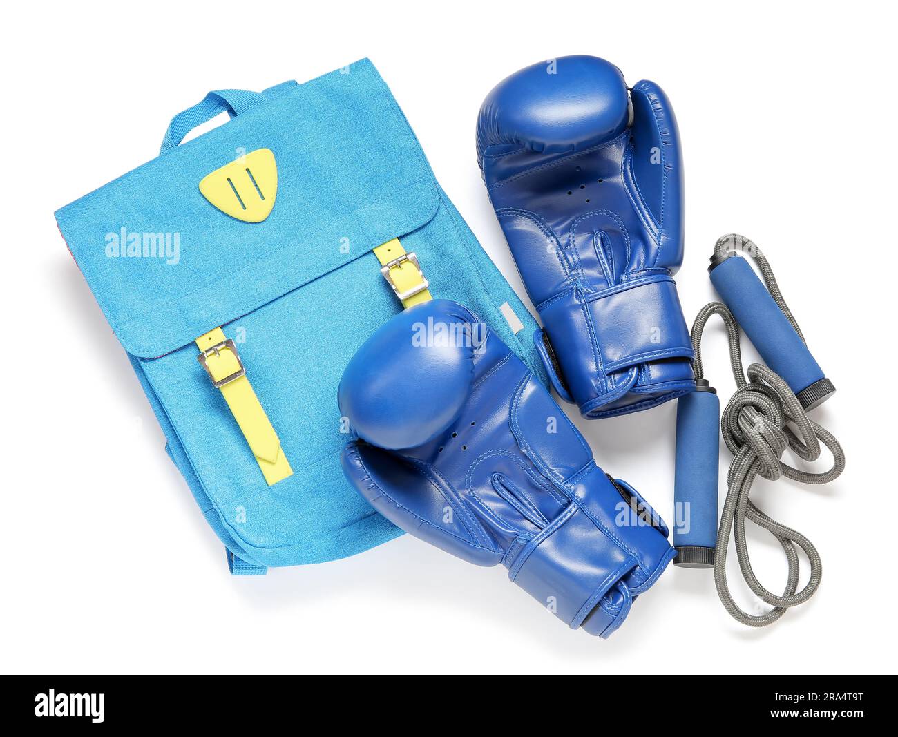 Backpack with boxing gloves and skipping rope isolated on white background Stock Photo Alamy