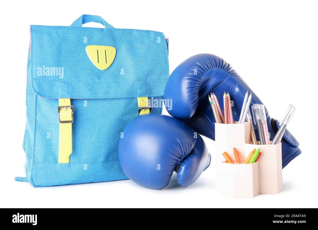 Backpack with boxing gloves and stationery holder isolated on white background Stock Photo Alamy