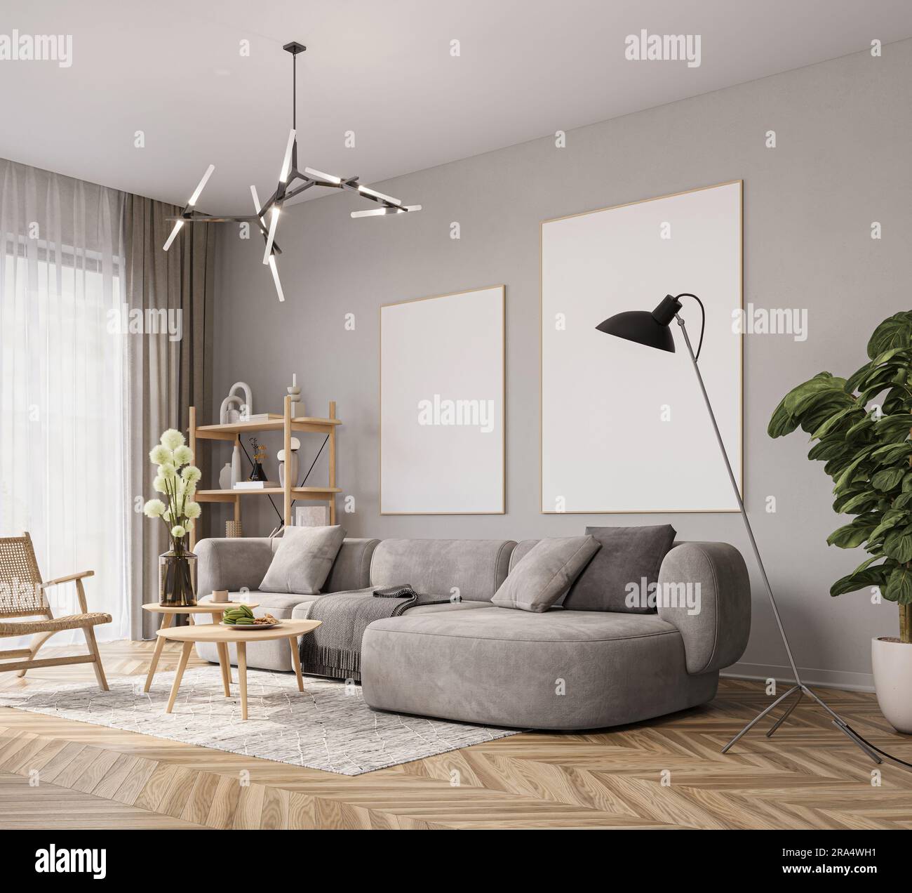 Mockup poster in cozy living room interior with gray sofa Stock Photo ...